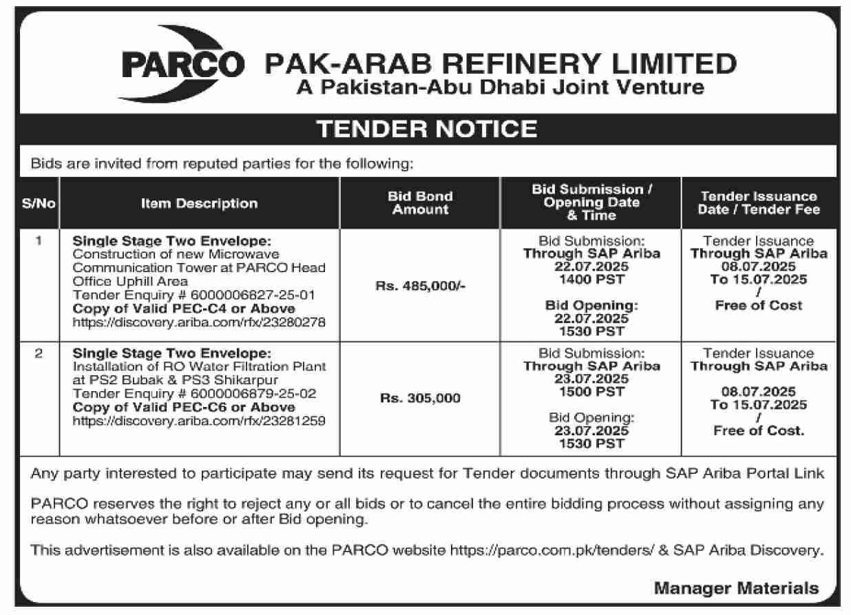 Pak Arab Refinery Limited Tender Notice